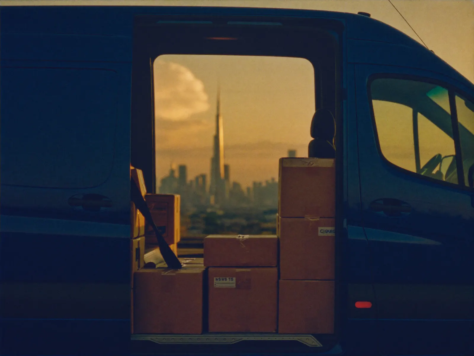 Courier van loaded with parcels at dusk, Dubai skyline behind