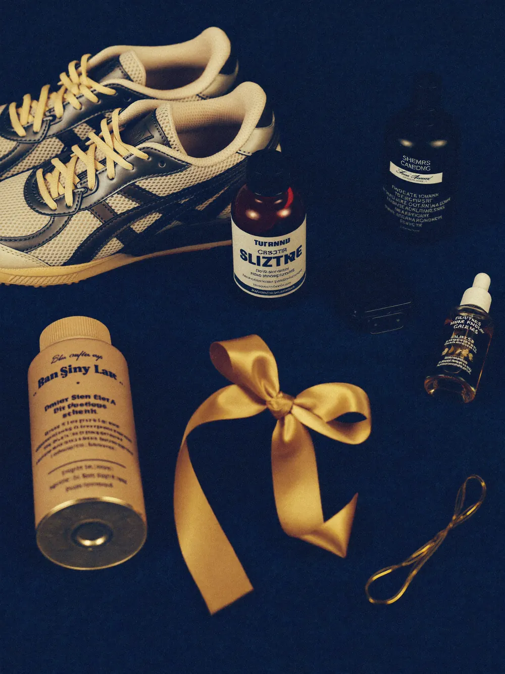 Curated flat-lay of sneakers, skincare and electronics tied with a gold ribbon